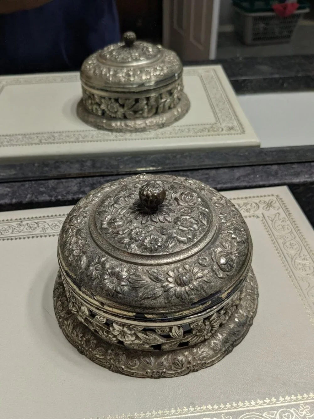 Antique Pewter Repousse Salt Cellar Box 5